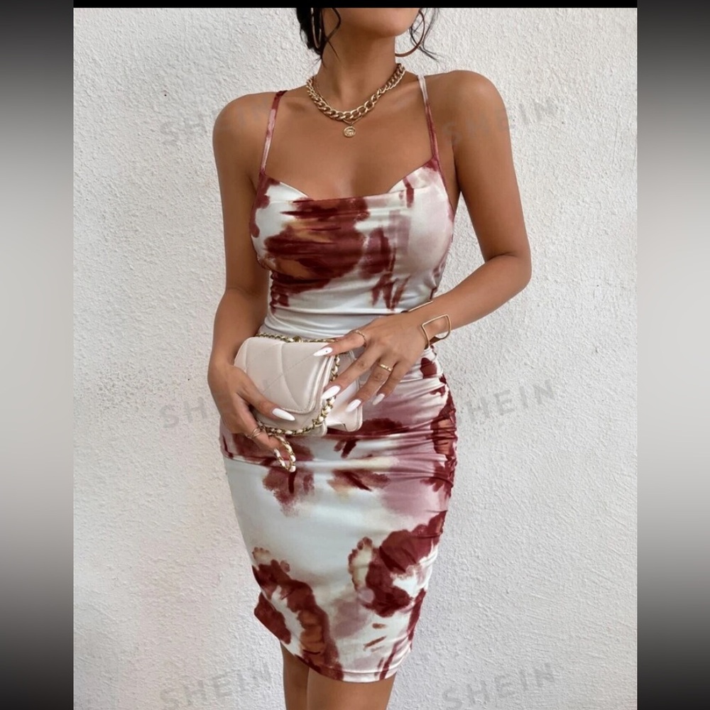 New SHEIN Privé Tie Dye Criss Cross Backless Draped Cami Dress Size Large 8/10